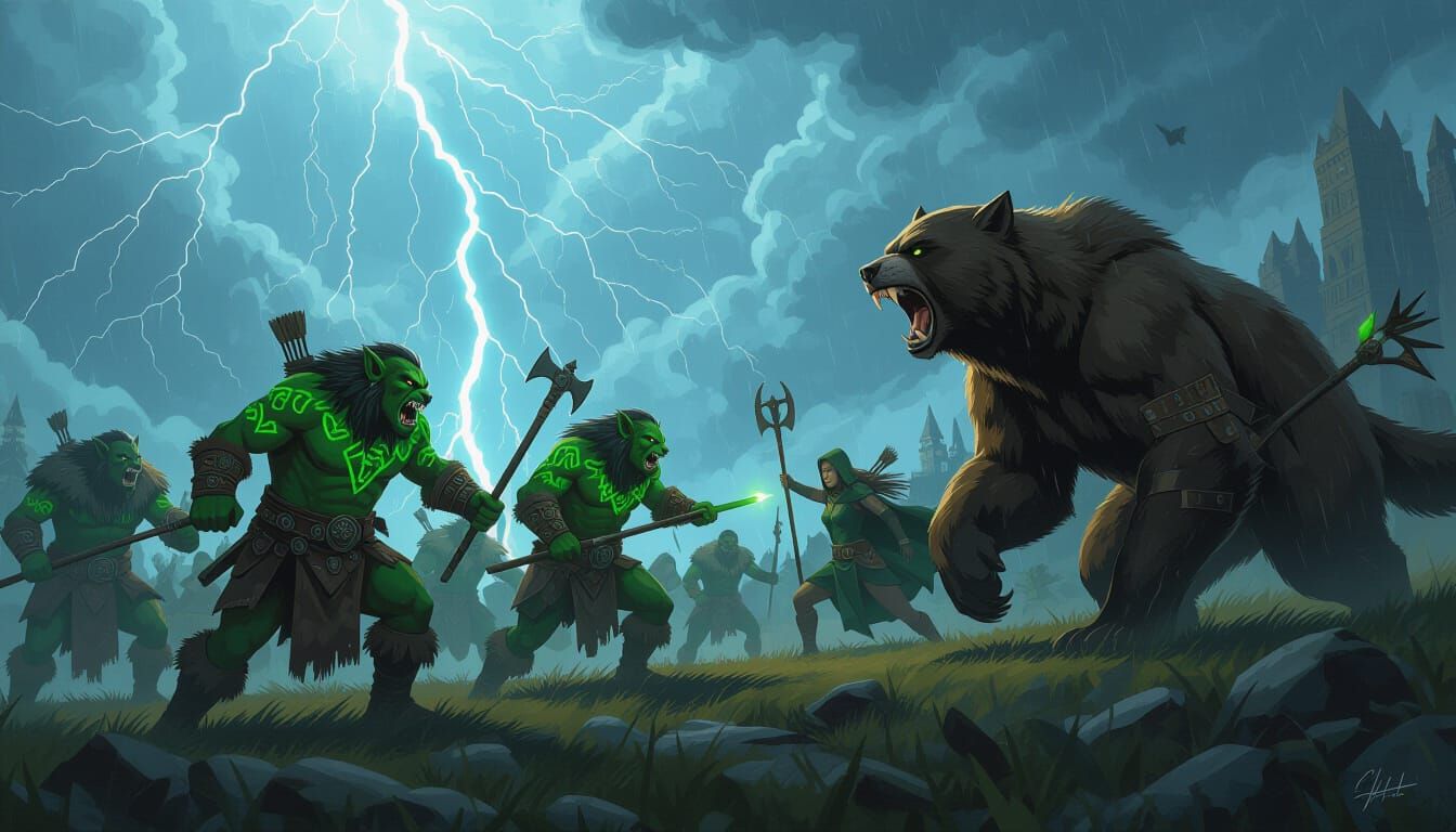 Orcs and Elves Clash Under Thunderous Sky