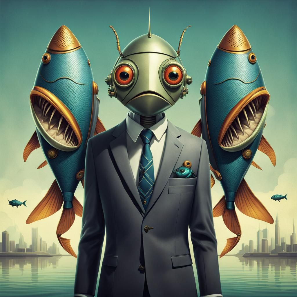 Mechanical Cricket Executive Holding Fish, Corporate Office...
