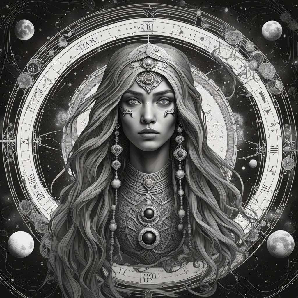 Astrological Goddess with Third Eye Chakra in Black and Whit...