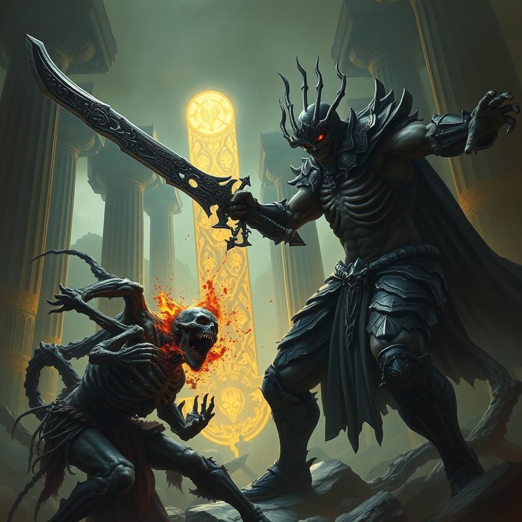 Warrior's Victory Over Undead Warlock in Dark Fantasy