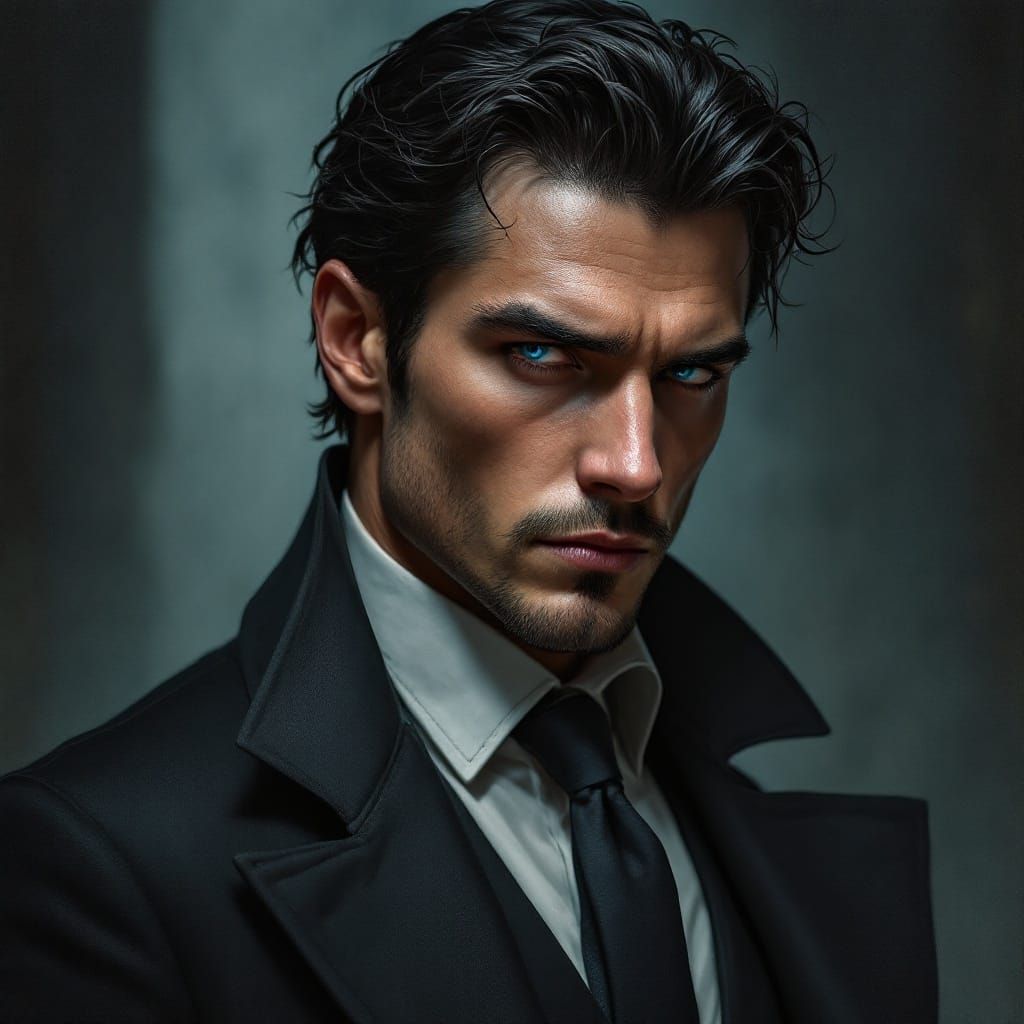 Dashing Man in Haunting Dark Fantasy Landscape