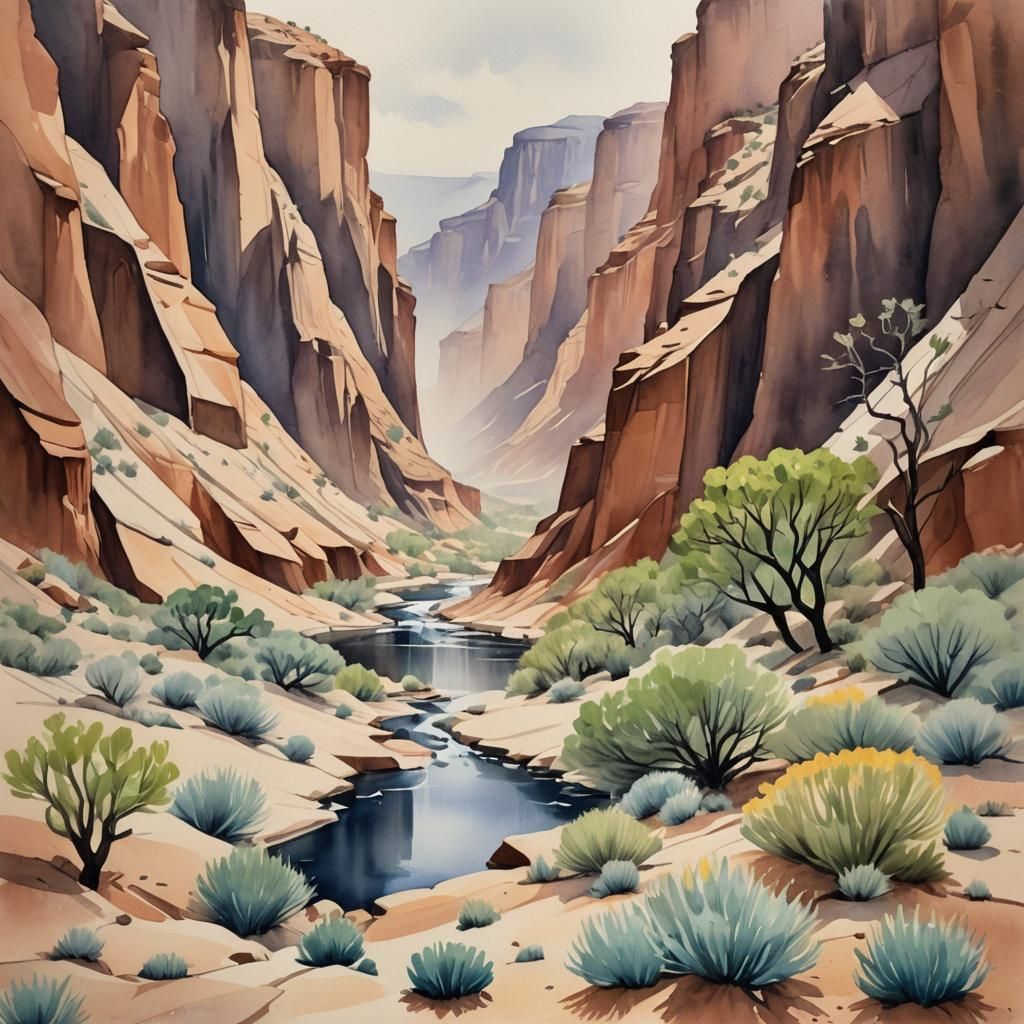 Rainy Day in Desert Canyon: Watercolor Painting