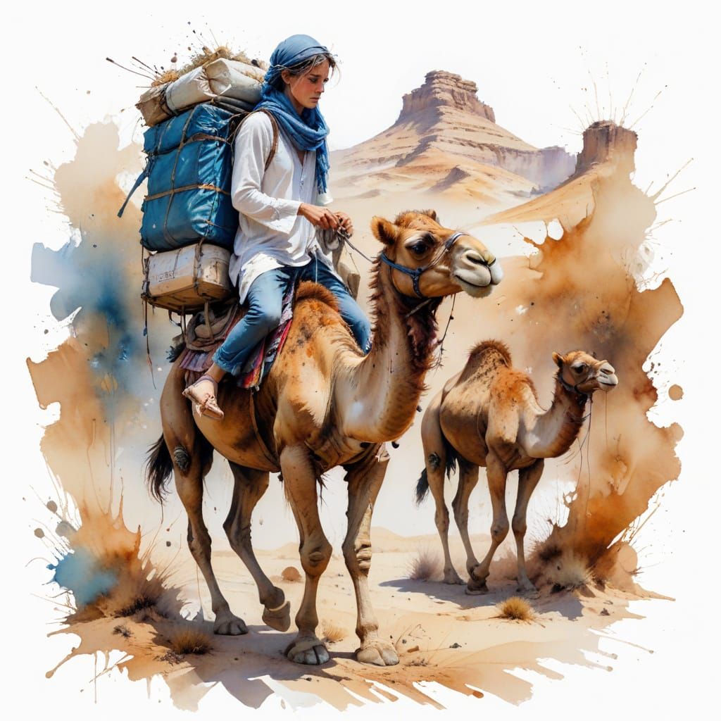 Bedouin Nomads Traverse Golden Desert Dunes in Watercolour S...