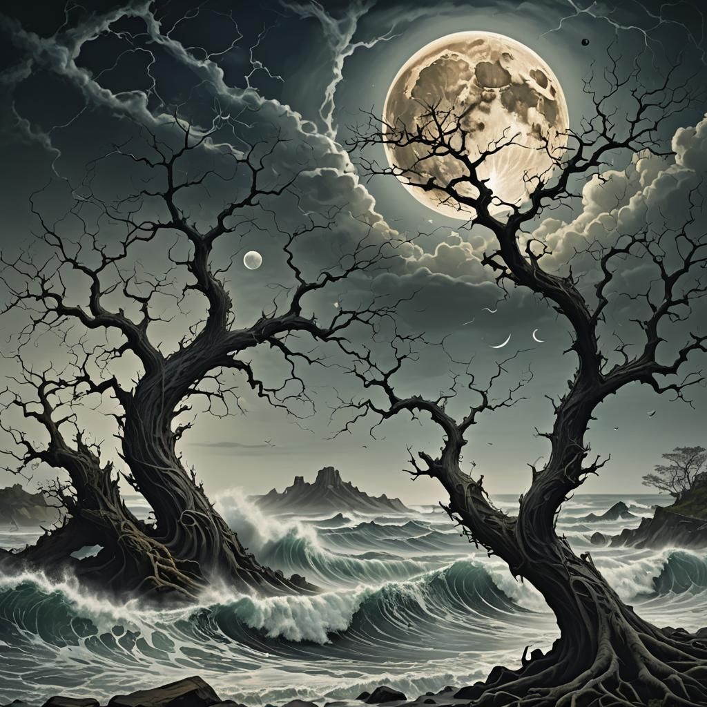 Nightmarish Dream: Tidal Wave Under Enormous Moon
