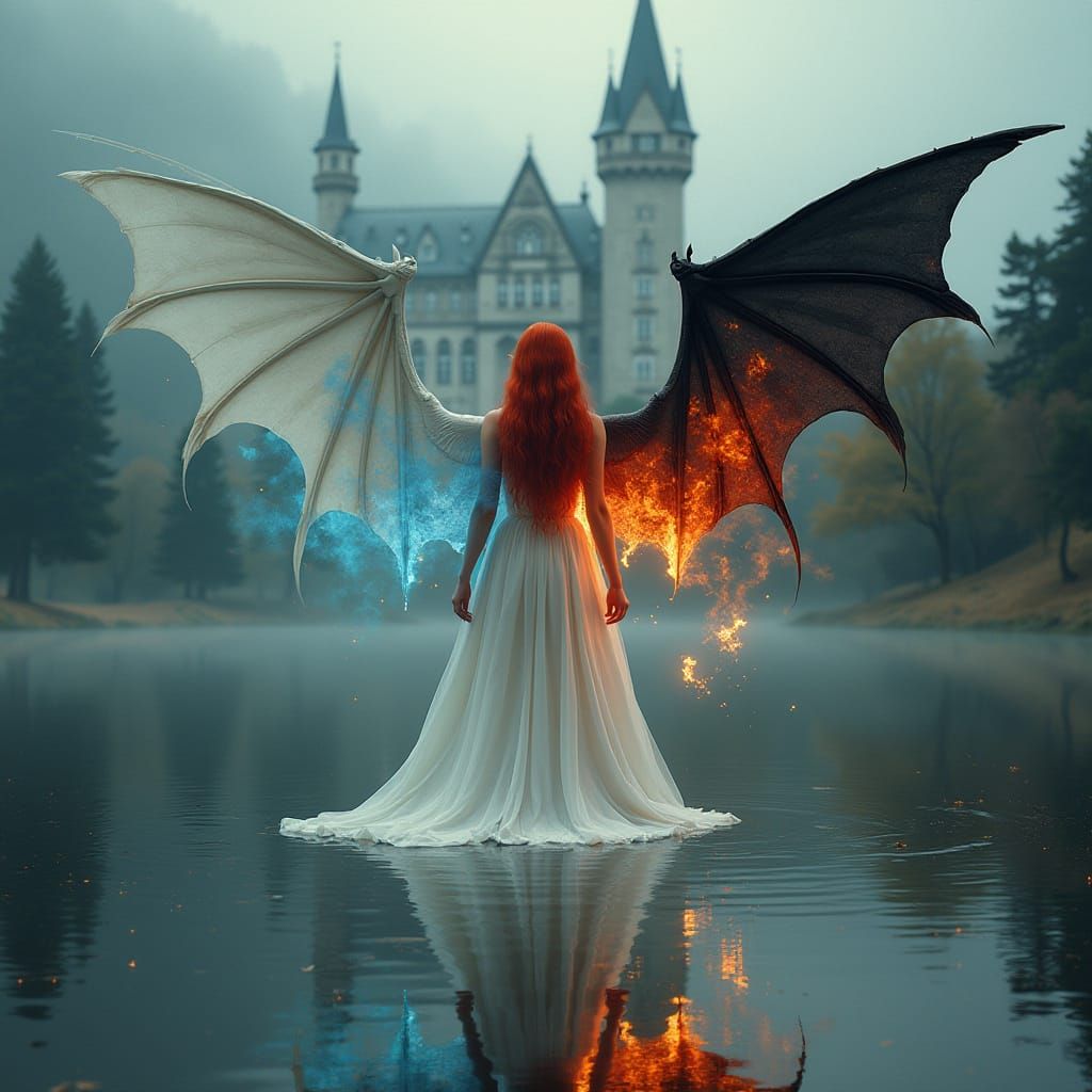 Angel and Devil Reflection by Steaming Lake