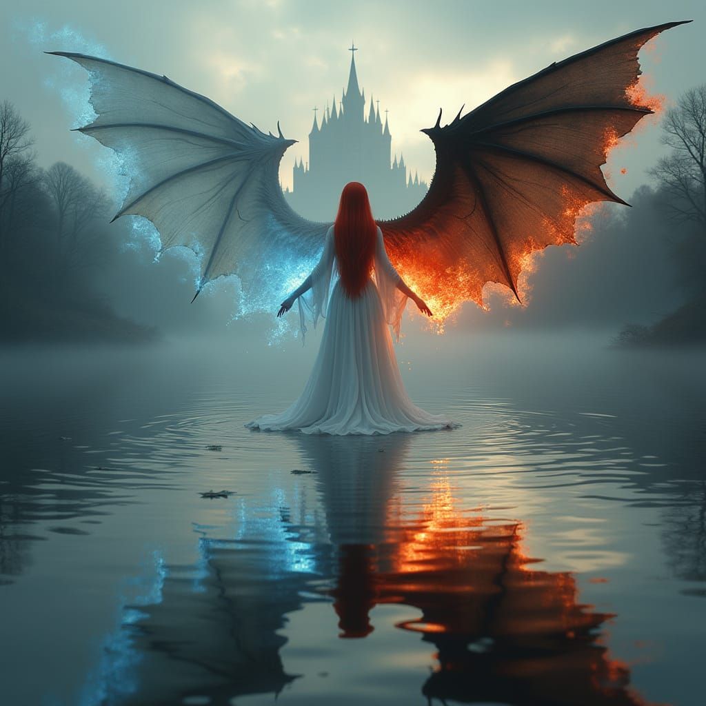 Angel and Devil Reflection by Lake