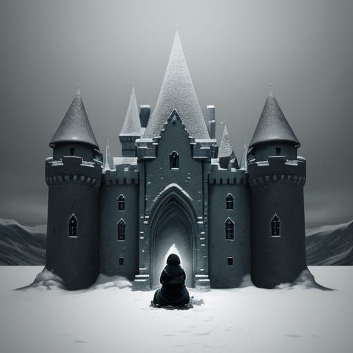 Child Eating in Snow Castle, Graphite Drawing Style