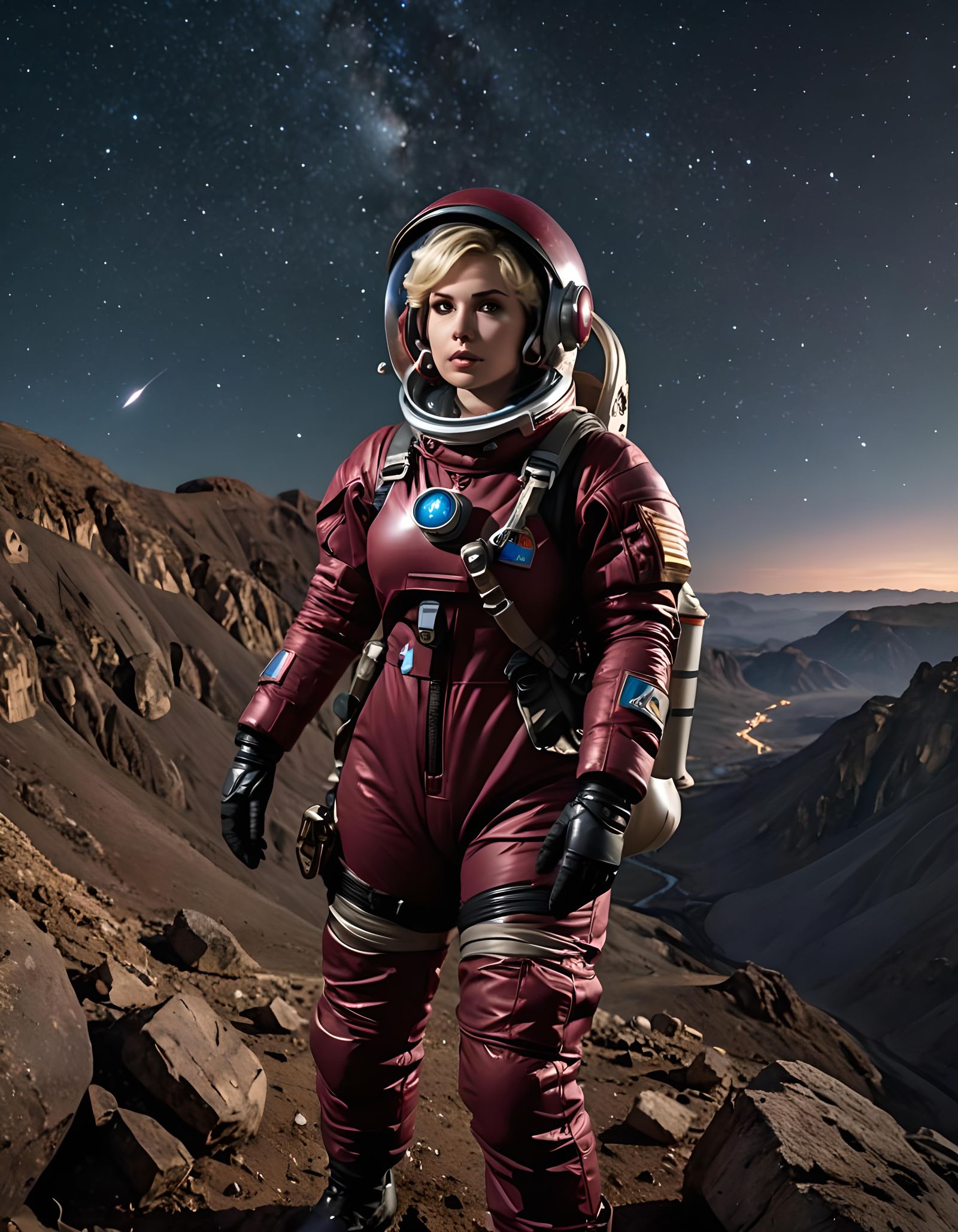 Astronaut Woman Exploring Rocky Planet in Spacesuit