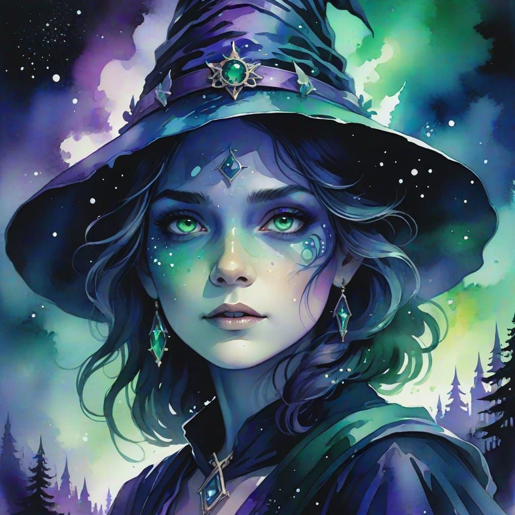 Witch's Face Double Exposure in Midnight Landscape