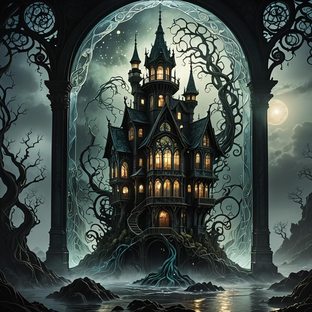 Glass Structure Constricted by Tendril in Dark Fantasy 3D Re...