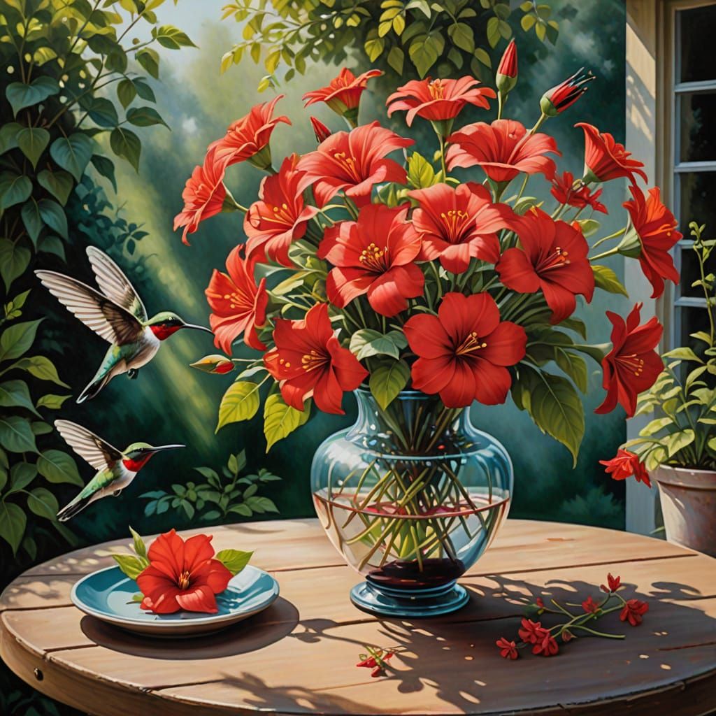Airbrushed Acrylic Oil Illustration of Red Flowers and Hummi...