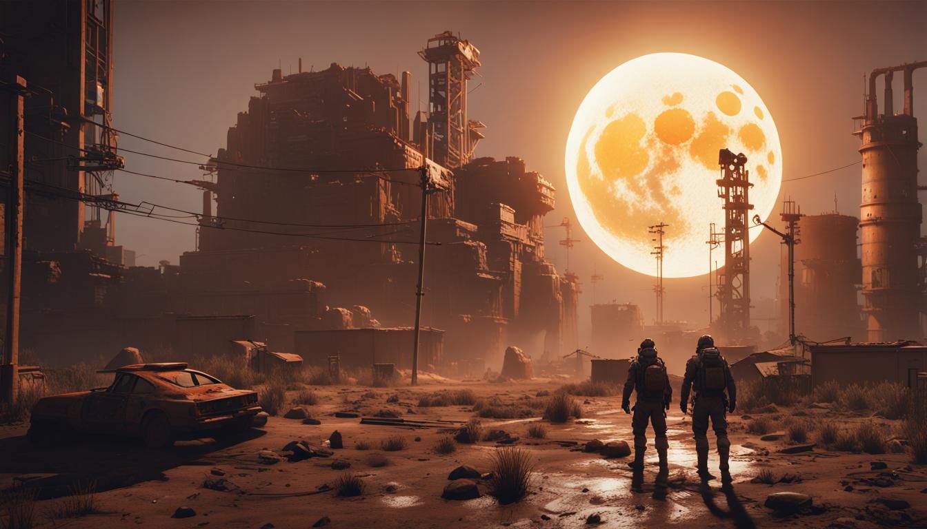 Post-Apocalyptic Man Under a Large Orange Moon