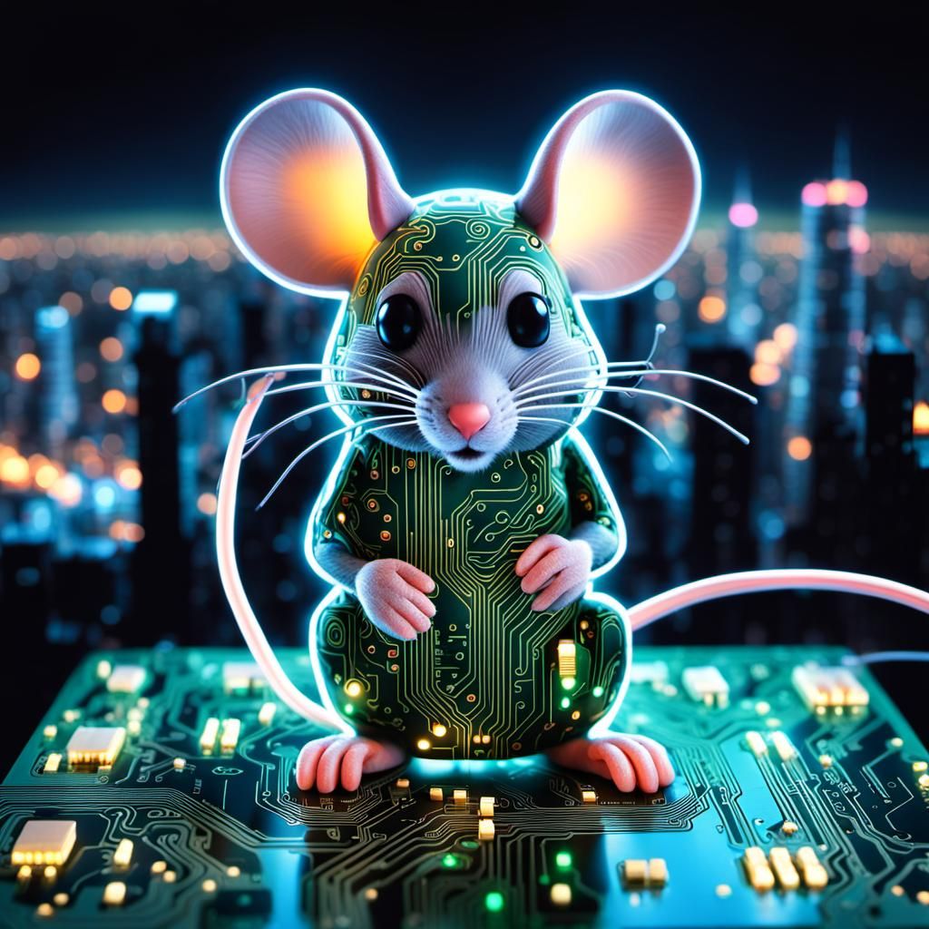 Chibi Mouse Cityscape on Glowing Circuit Board