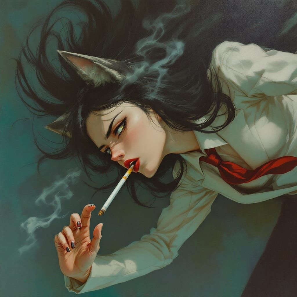 Anime Woman with Wolf Ears in White Suit