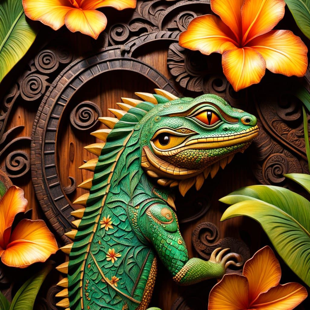 Green Lizard on Polynesian Train in Tiki Art Style