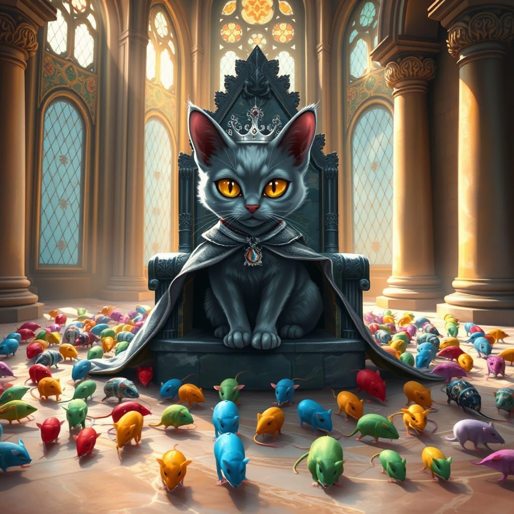 Regal Grey Cat Prince on Fantasy Castle Throne