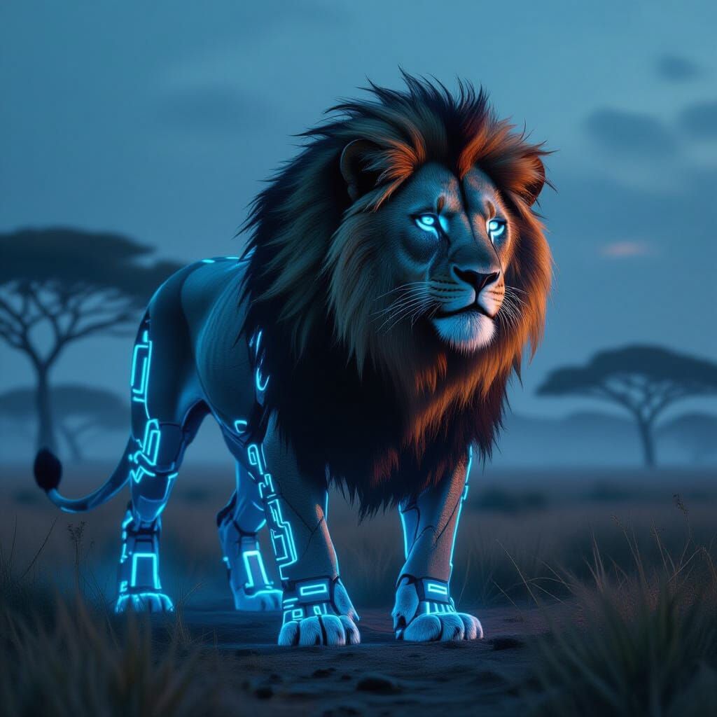 Bioluminescent Cyberpunk Lion in a Misty Savannah