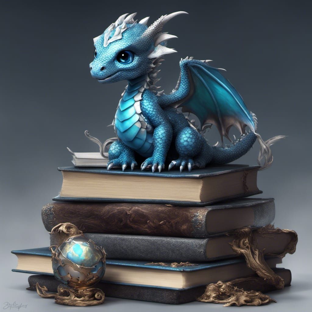 Chibi Dragon on Books with Silver Trophy