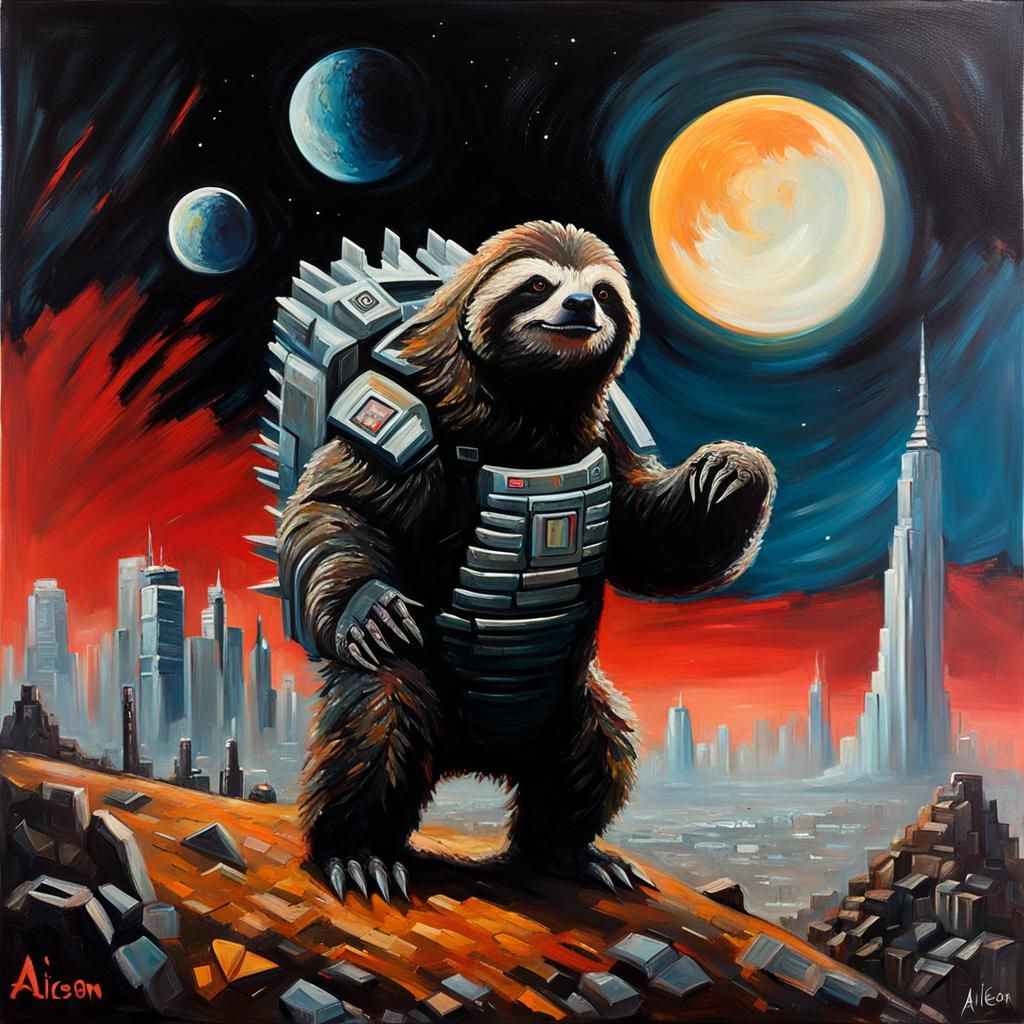 Cyborg Sloth Godzilla in Dystopian Sci-Fi Moonscape