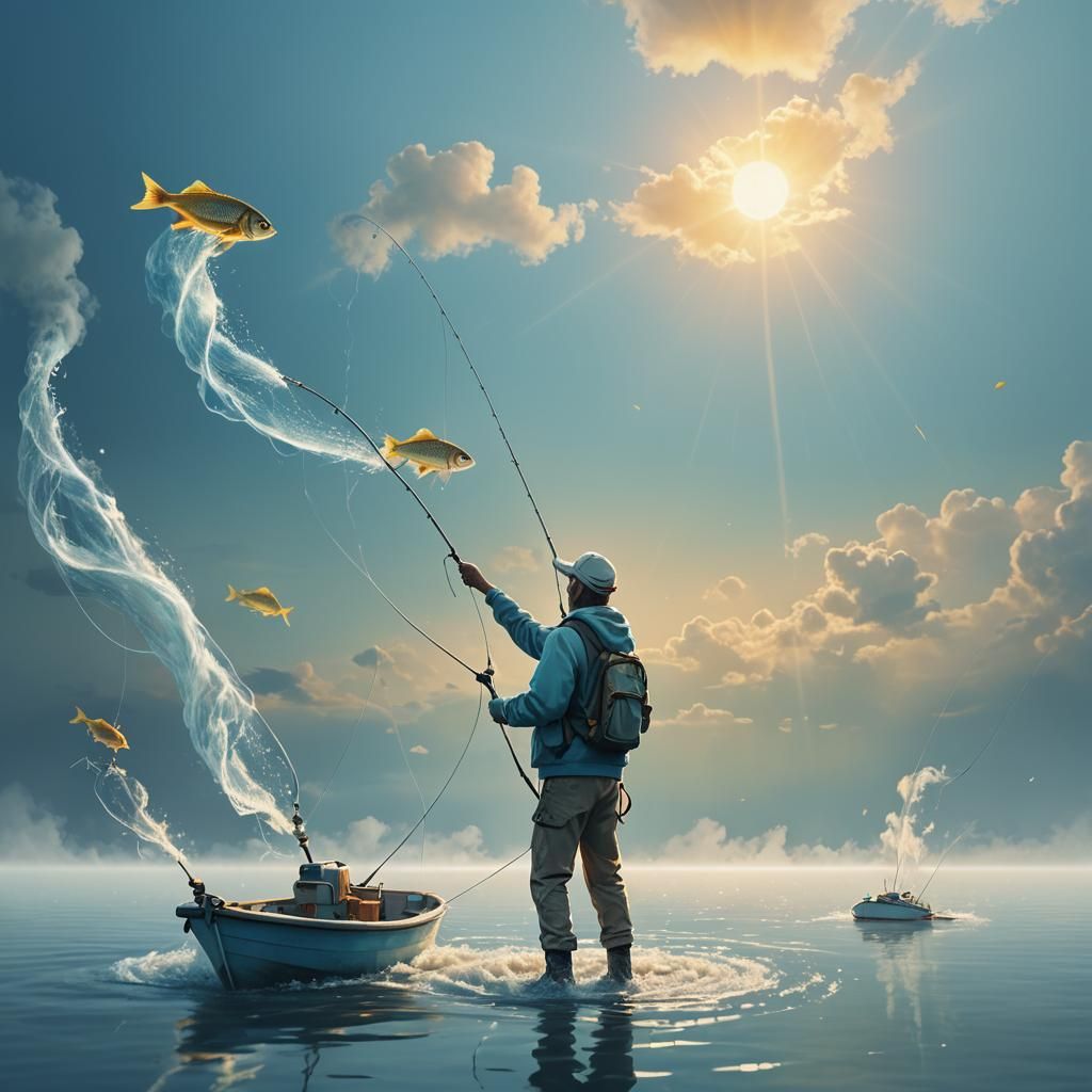 A Fish Reeling in a Human, Surreal Concept Art