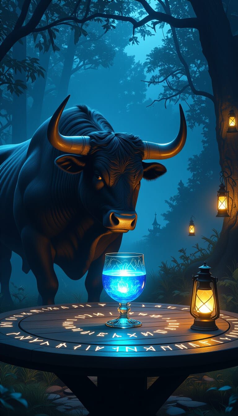 Mystical Forest Bull Gazes at Glowing Chalice