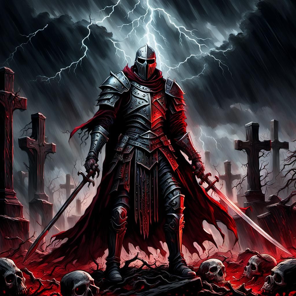 Macabre Knight Rising in Crimson Rain, Dark Fantasy Art