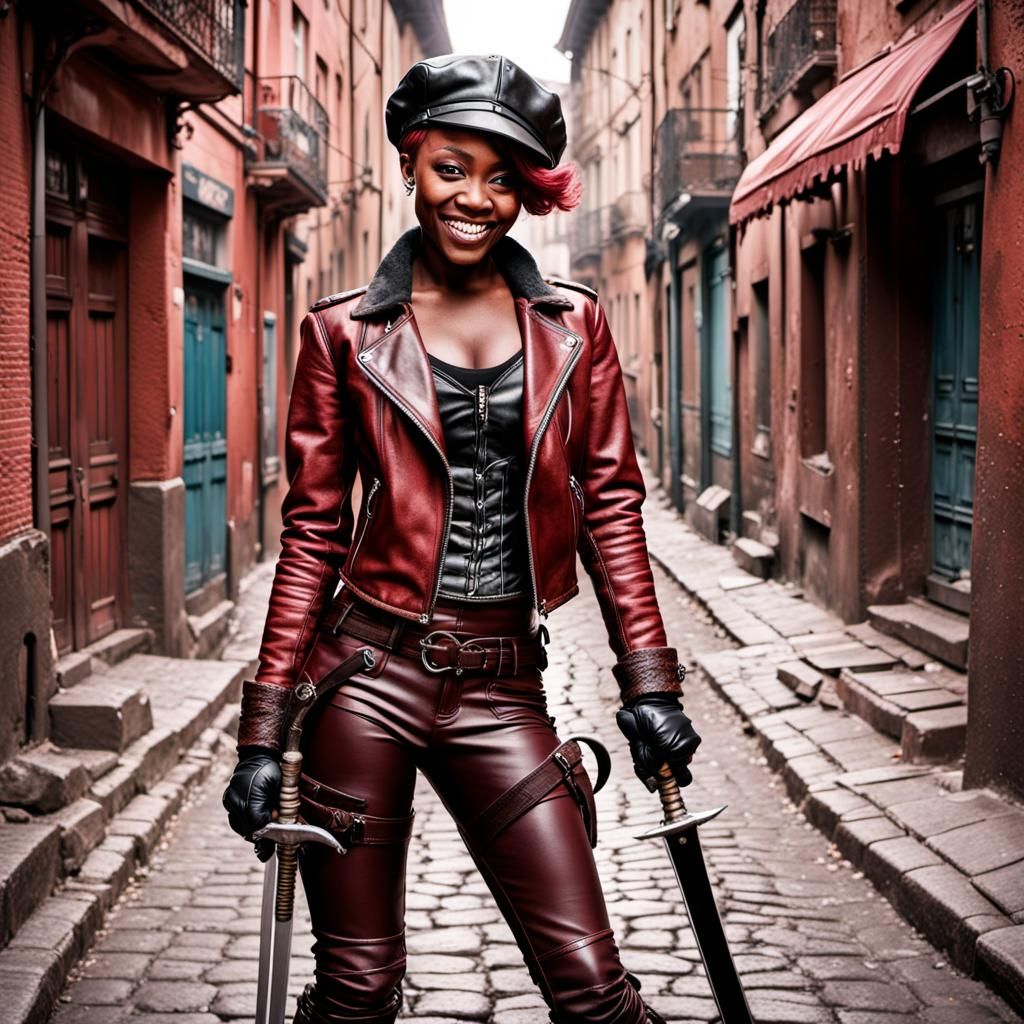 Gothicpunk Black Adventurer in Leather on European Street