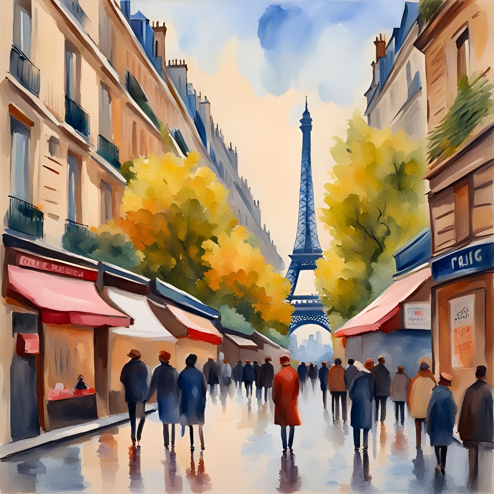 Paris Cityscape in Gouache and Watercolor Style