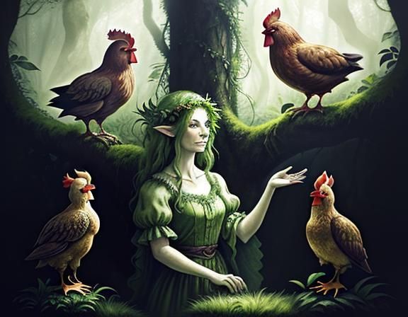 Goblin Surrounded by Hens in Mystical Forest