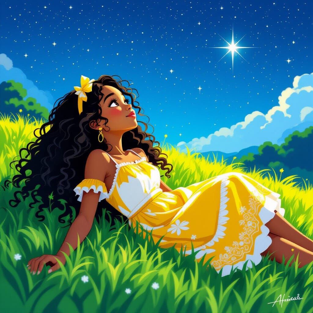Young Black Girl Gazes at Starry Sky on Grassy Hill
