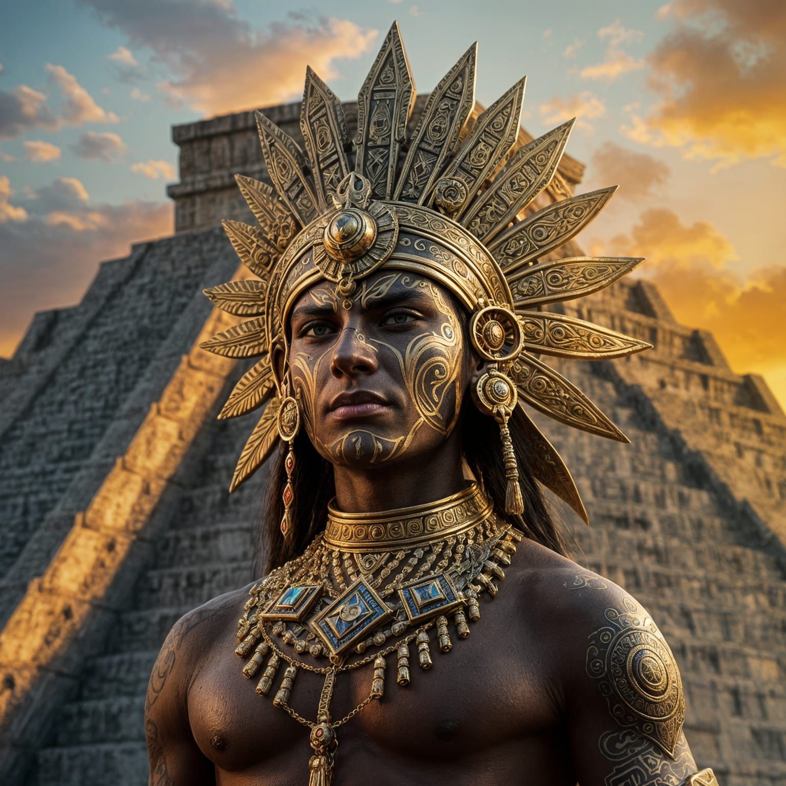 Aztec Sun God wearing futuristic gold jewelry with face tattoos standing in front of xunantunich pyramid