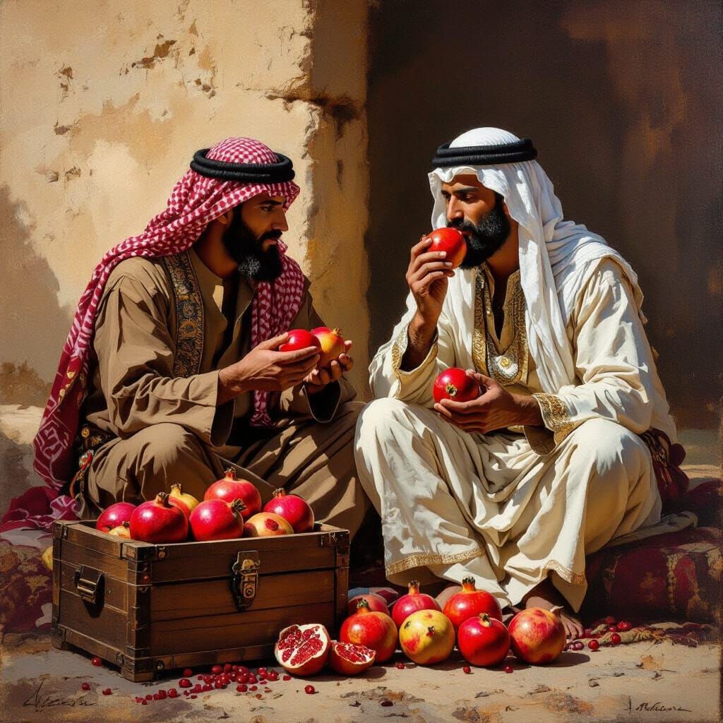 Noble Arab Men Enjoying Pomegranates in Sunlight