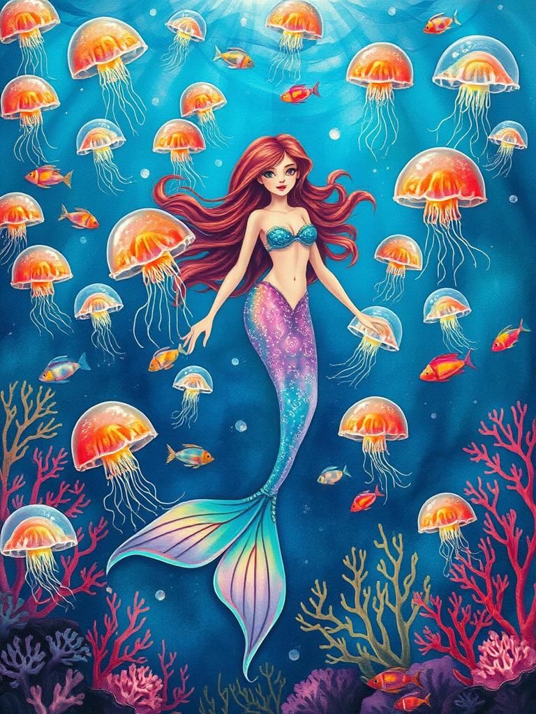 colourful fish, mermaid, jelly fish