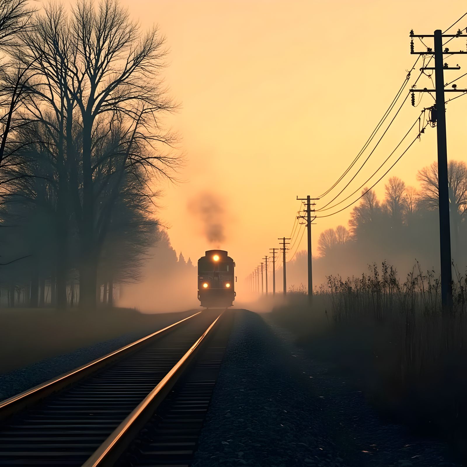 Golden Sunrise on Railroad Tracks in a Retro Style