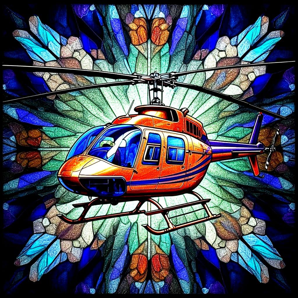 Vibrant Stained Glass Helicopter in a Square Frame