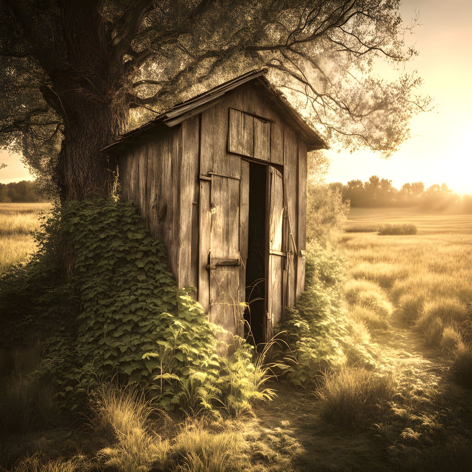River Rock Outhouse Amidst Overgrown Farm Field