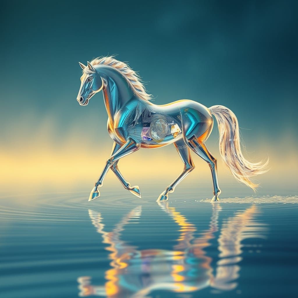Surreal Crystal Horse Radiates Colorful Light on Golden Wate...