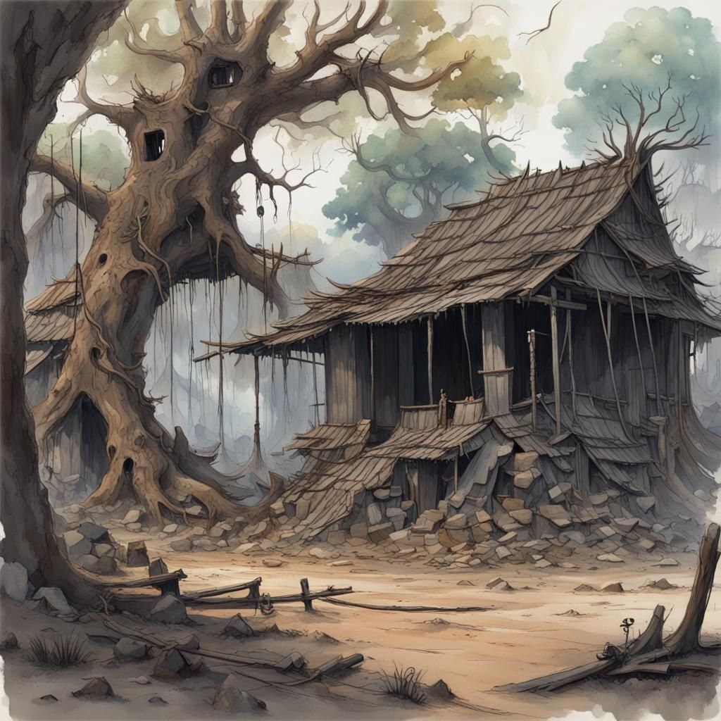 Eerie Cambodian Village Ruins with Noose, Watercolour Art