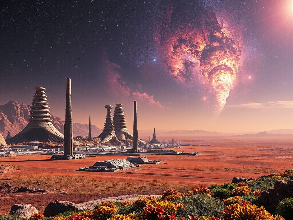 Futuristic Mars City Under Nebulae Sky