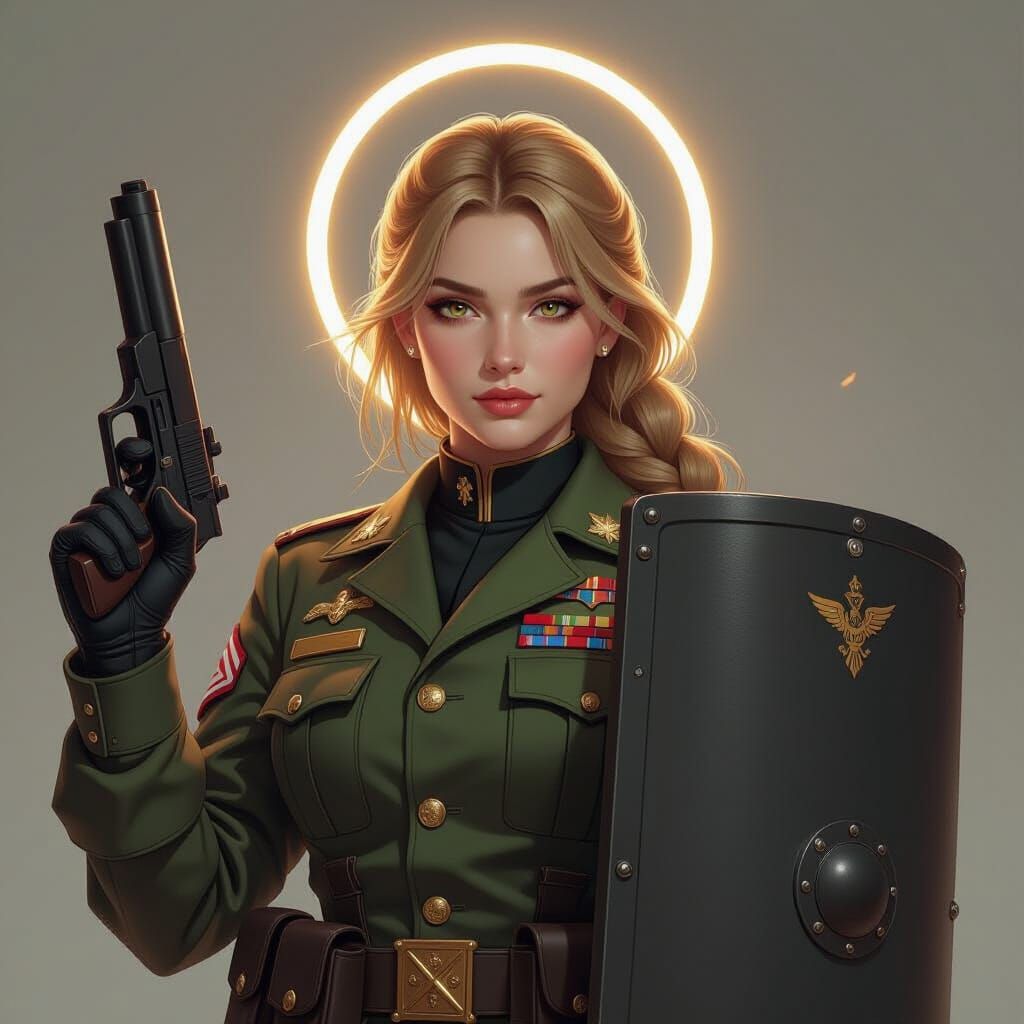 Female Paladin in British Military Gear with Pistol and Shie...