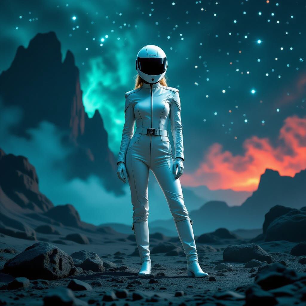 Astronaut on Alien Planet with Nebula Sky