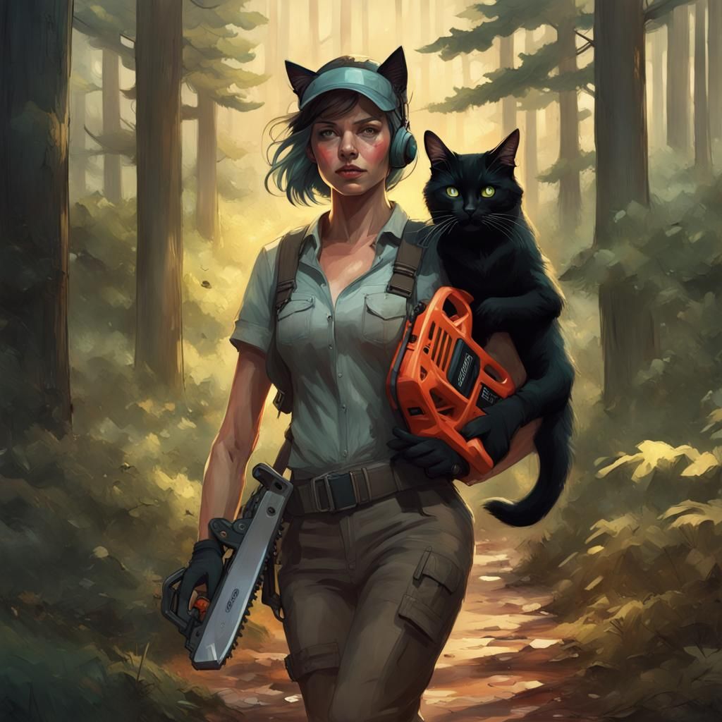 Forester carrying her chainsaw and cat home at the end of the day.