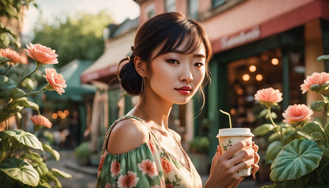 Asian Woman at Fantasy Coffee Shop: Hyperrealism