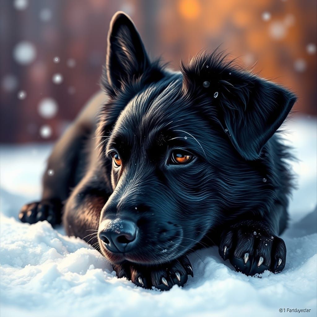 Adorable Black Dog in Snow, Hyperrealistic Digital Art