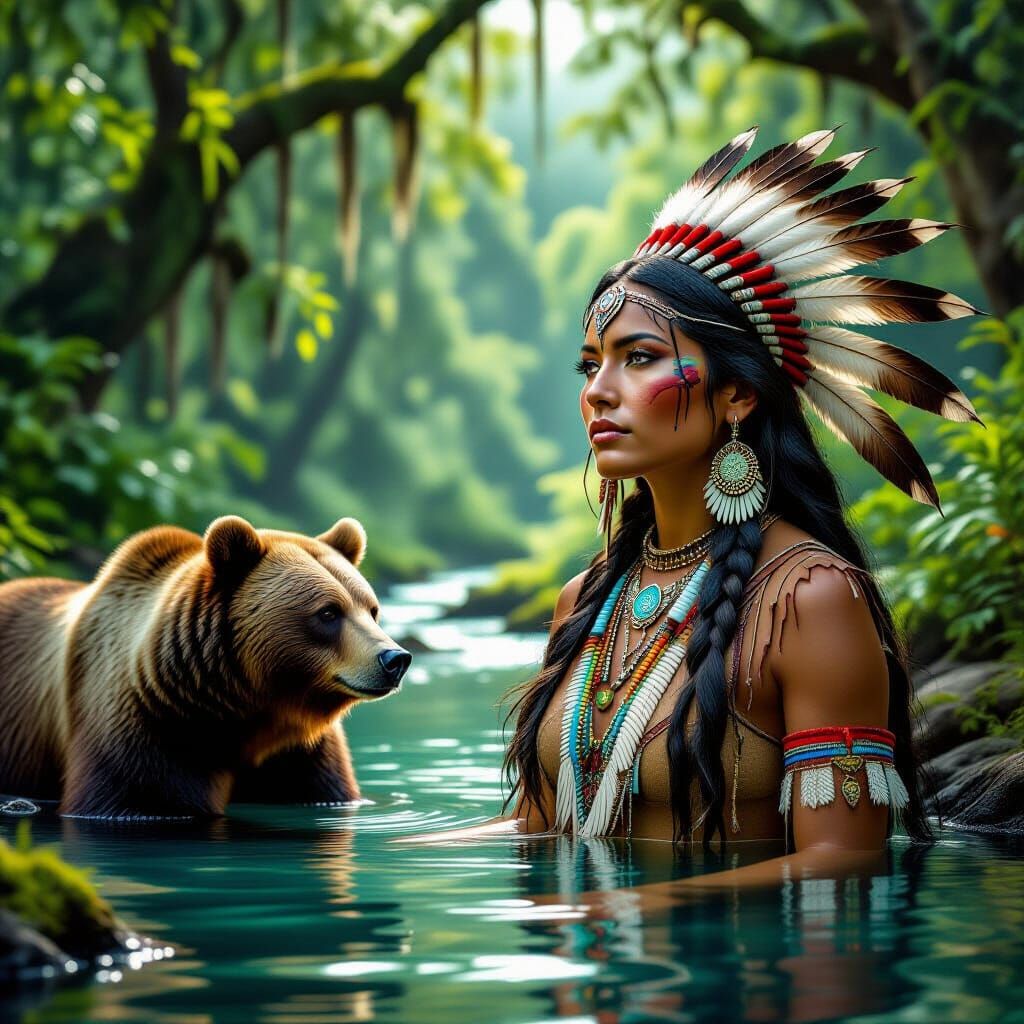 Native American Woman Merged with Forest and River