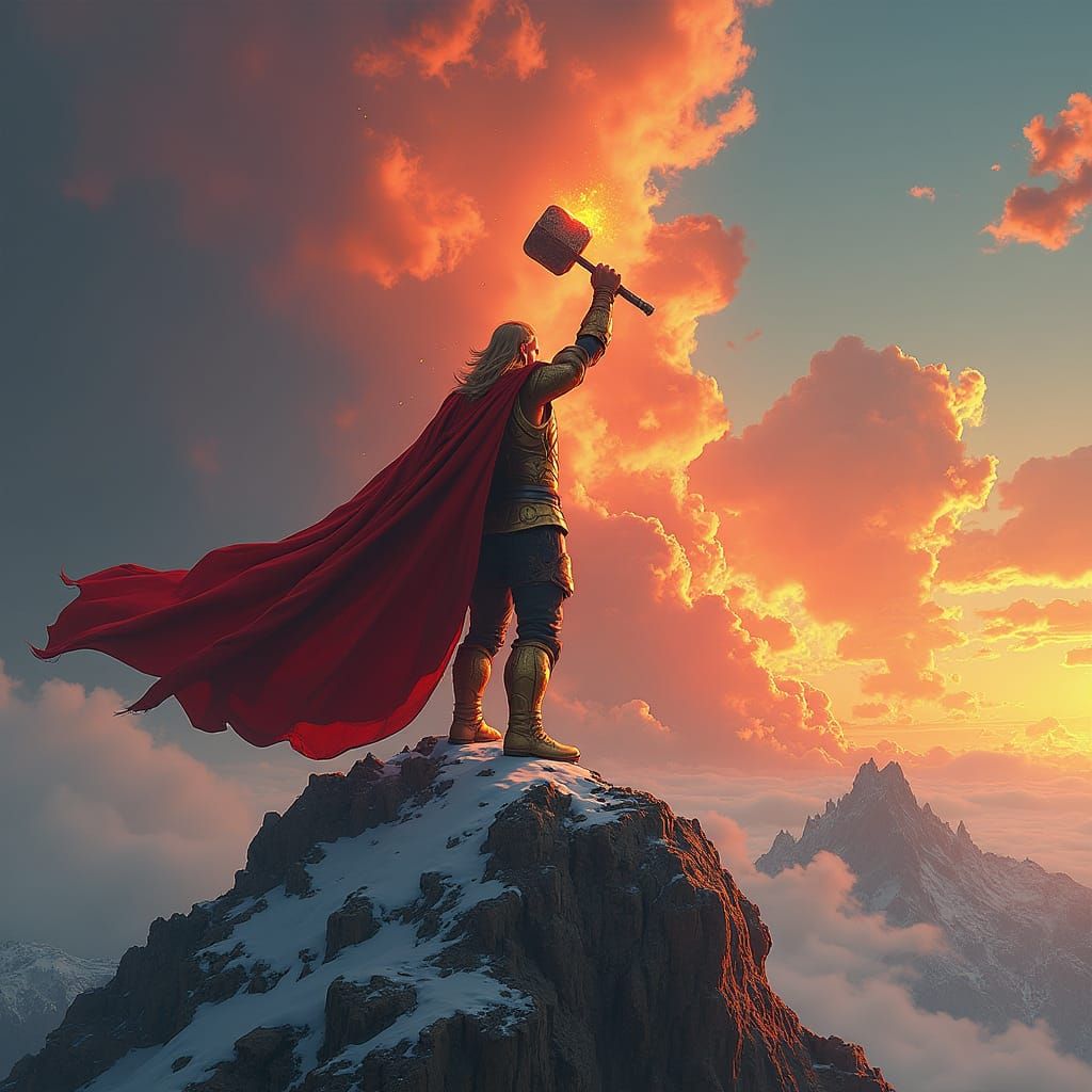 Thor on Asgard Mountain in Dramatic Lighting