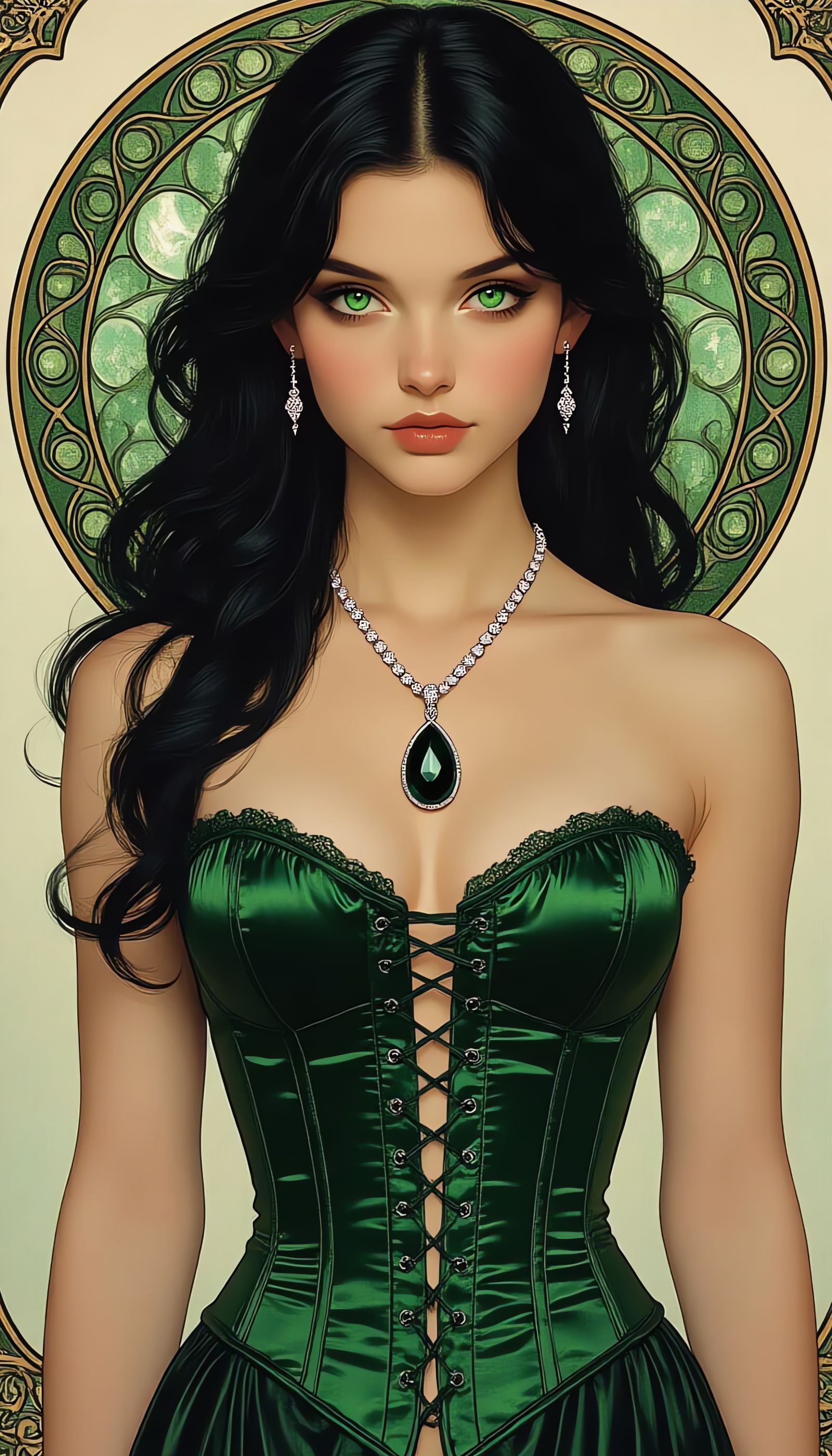 Emerald Eyed Woman in Green Corset Portrait