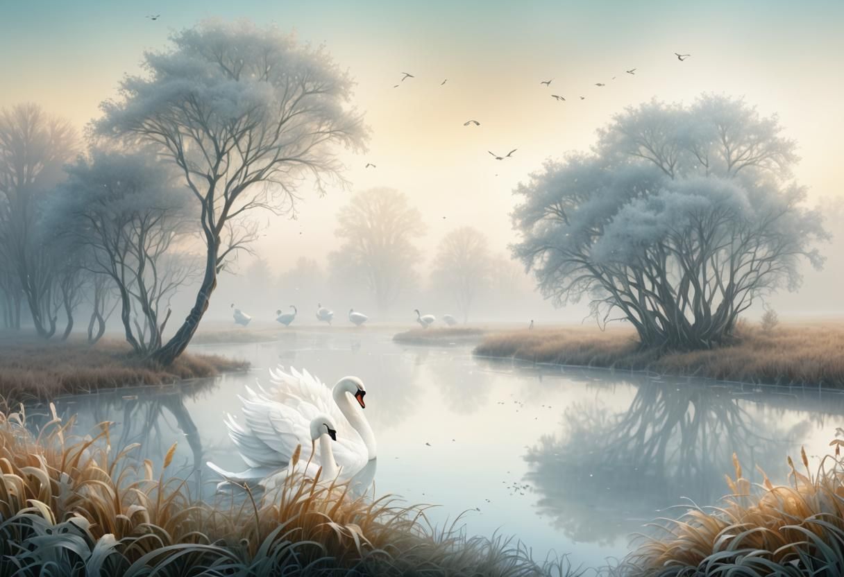 Swans in Frozen Landscape: Abstract Vector Fractal Art