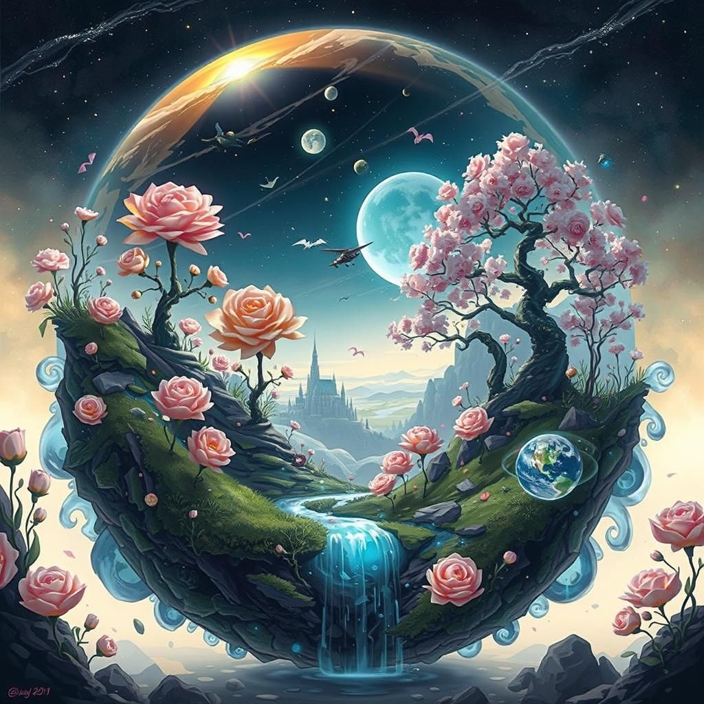 Anthropomorphic Earth with Waterfalls into Space