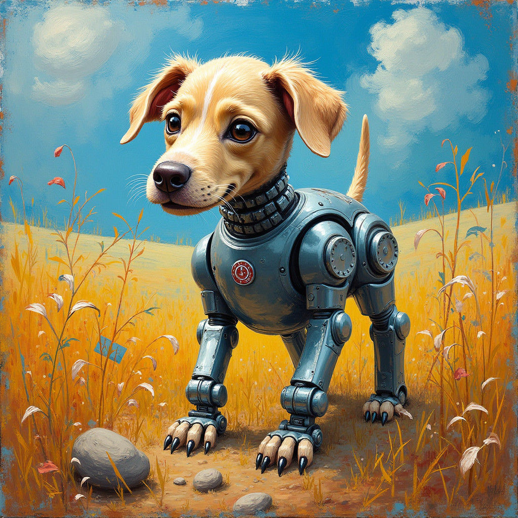 Robot Dog in Neo-Impressionist Impasto Landscape